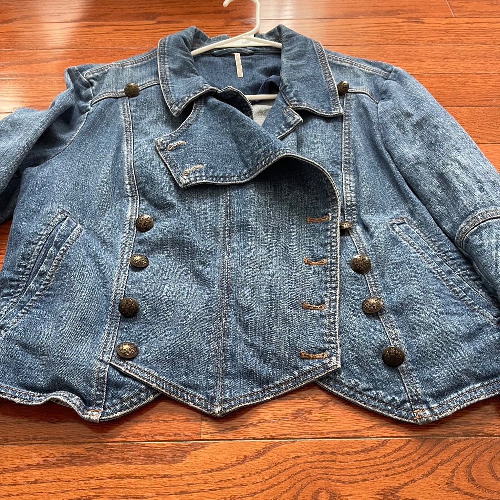 FREE PEOPLE Womens Size L Denim Jean Military Band Cropped Jacket Vintage Blue